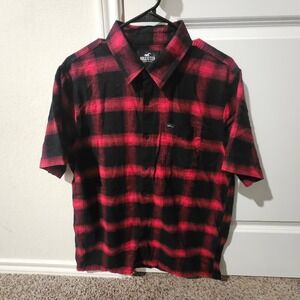 Hollister Mens Red Black Plaid Short Sleeve Button Up Shirt Size L